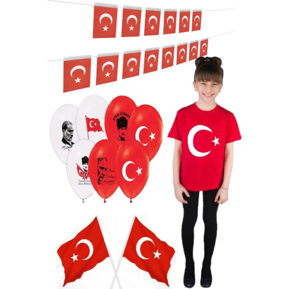 Parti Kırtasiye Bayrak Baskılı T-Shirt 23 Nisan Kutlama Seti - 23 Nisan Sınıf Süsleme - Atatürk Kız Çocuk T-shirt Fiyatı