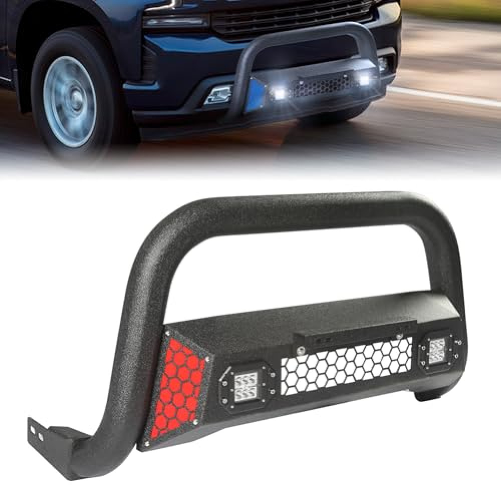 PARTREE Bull Bar Fit for Chevy Silverado 1500/GMC Sierra 1500 2019-2025 with LED Light & w/License Plate Bracket DIY Paintable Truck Front Bumper Brush Push Bar Front Grille Guard Protector