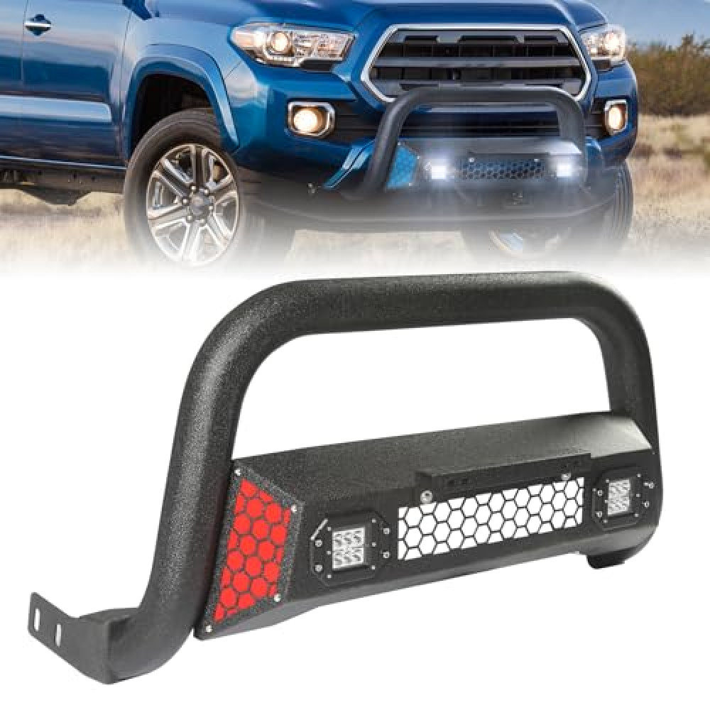 PARTREE Bull Bar Fit for Toyota Tacoma 3rd gen 2016 2017 2018 2019 2020 2021 2022 2023 with LED Light & w/License Plate Bracket DIY Paintable Front Bumper Brush Push Bar Grille Guard Protector