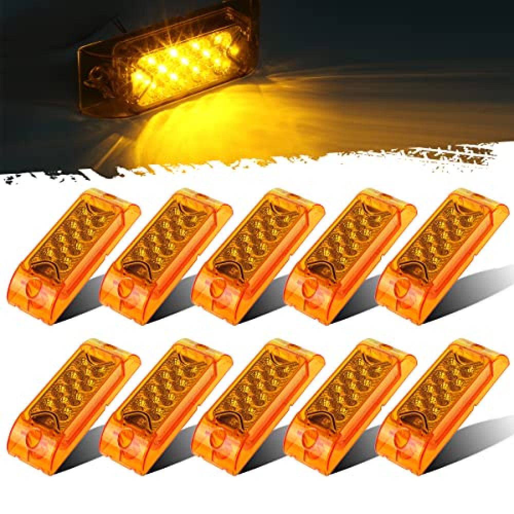 Partsam 10Pcs 2" x 6" Rectangular Amber 13LED marker light w/reflector, Multi Faceted 6x2 Rectangle Led Truck Trailer Side Marker Clearance Lights, Amber Lens, Surface Mount