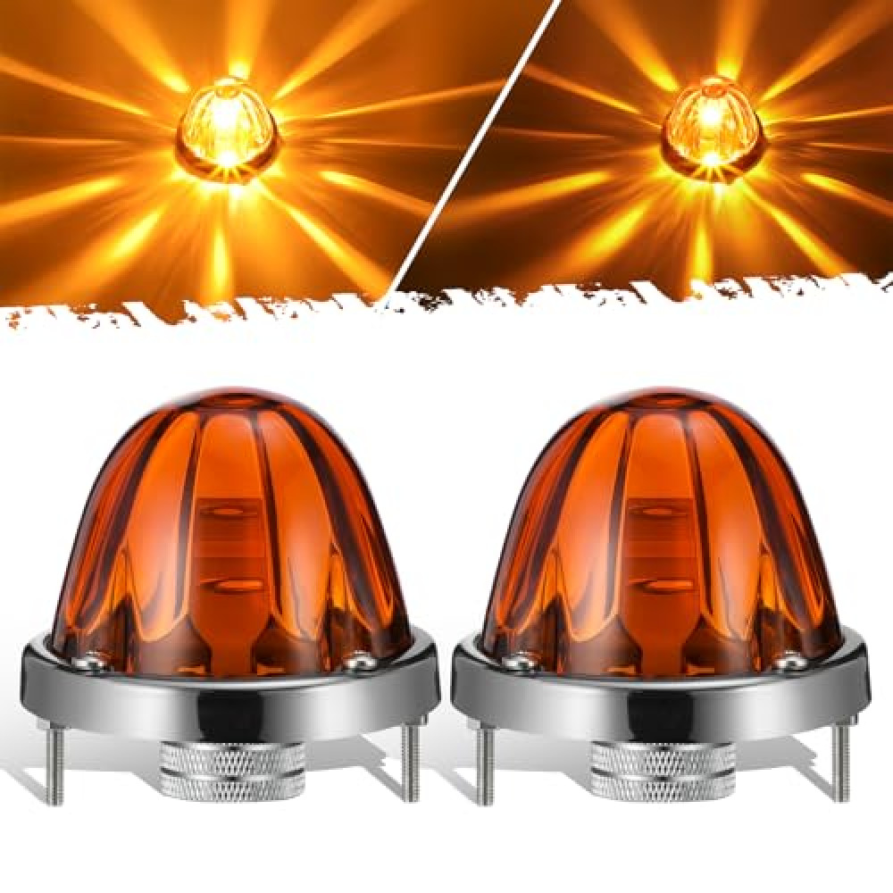 Partsam 2Pcs Amber Glass Lens Watermelon Lights Amber LED Side Marker Turn Signal Lights with Stainless Steel Bezel Replacement for Kenworth Peterbilt Freightliner