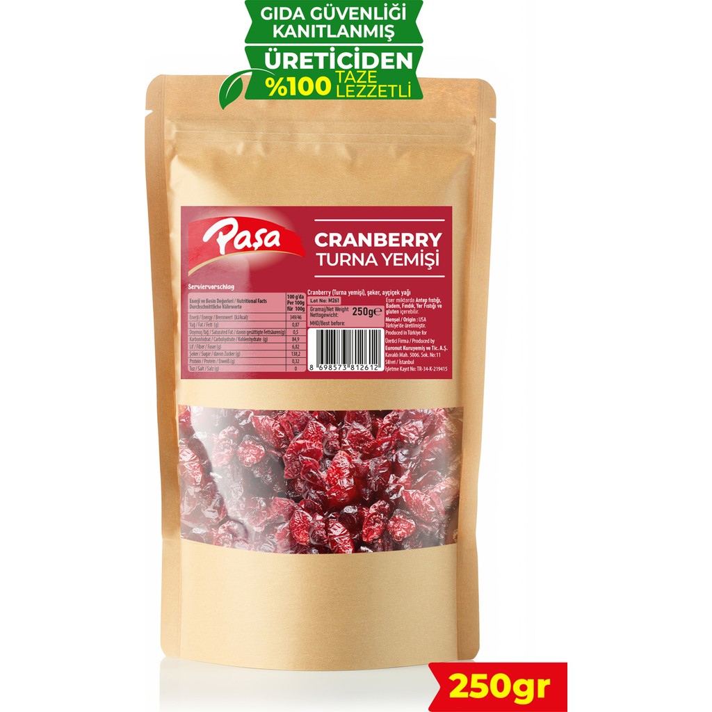 Paşa Kuruyemiş Kurutulmuş Turna Yemişi (Cranberry) 250 gr Kuru Meyve Fiyatı