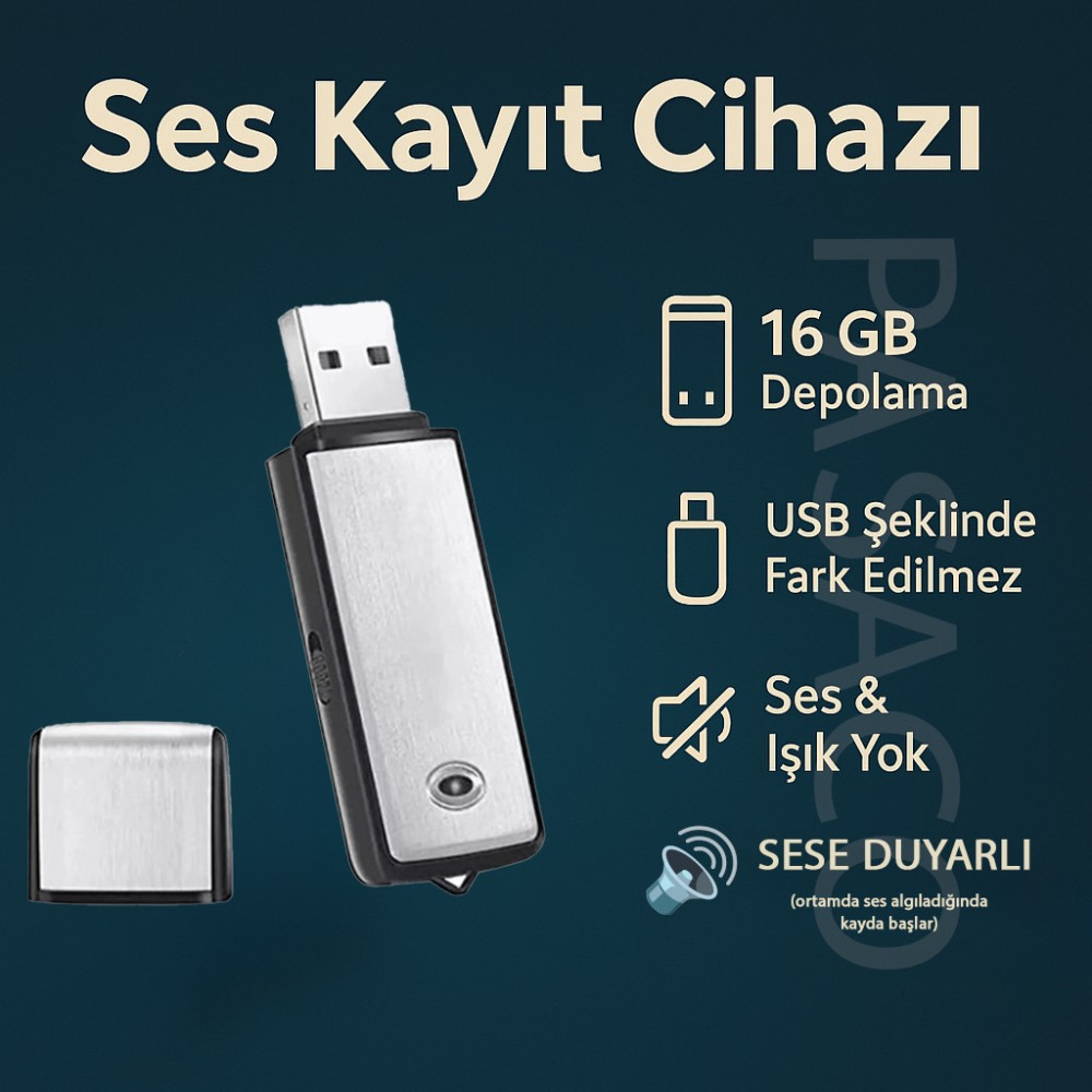 Pasaco Ses Kayıt Cihazı USB Şeklinde Fark Edilmez Tasarım 16GB Sese Duyarlı Kayıt Özelliği - Gri Ses Kayıt Cihazları Fiyatı