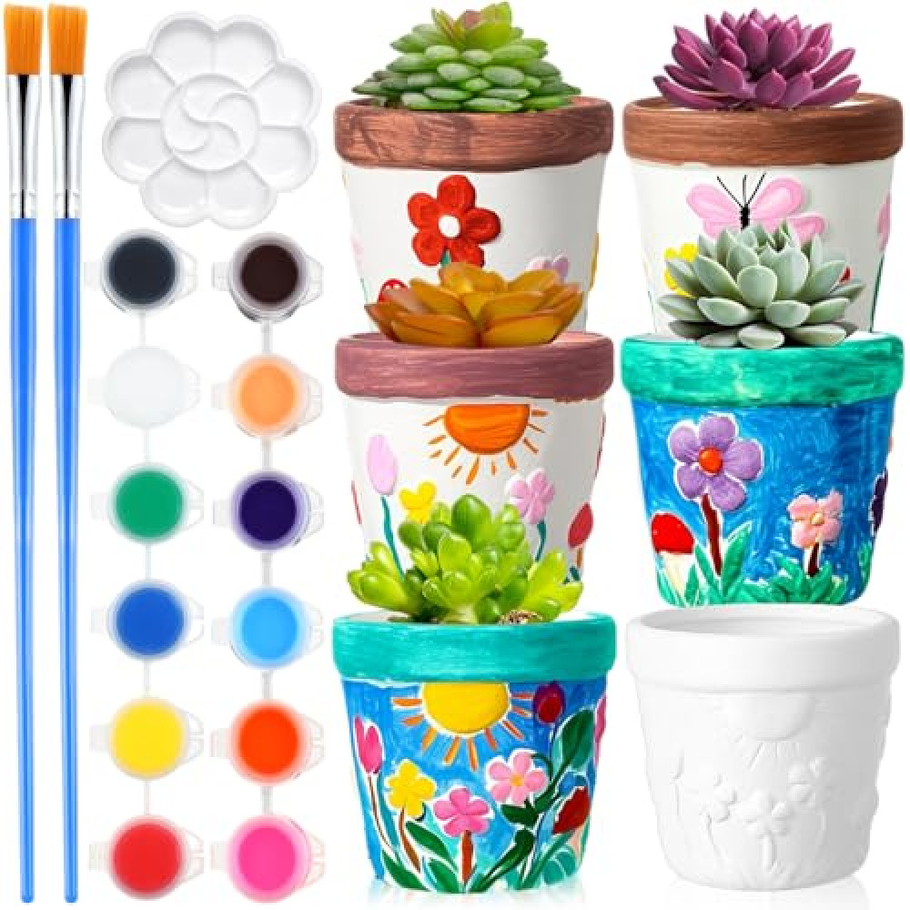 Pasimy 6 Set DIY Ceramic Succulent Planter Pots Paint Your Own Flower Pots Craft Kit Unpainted Bisque Paintable Flowerpot with Brush Palette Ready to Paint for Family Activity Gift(Classic)