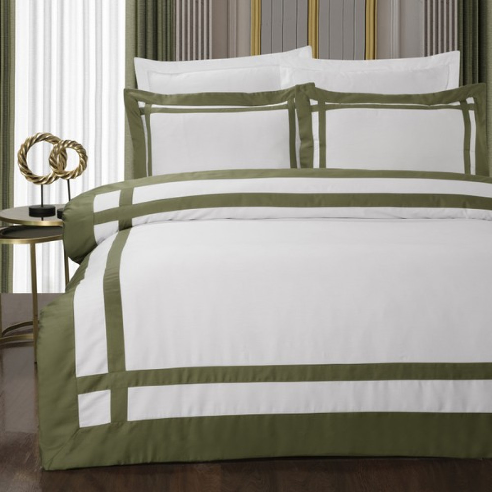 Pasıonı - 210TC Saten - Amore - Haki Bantlı Çift Kişilik 6 Parça Nevresim Takımı - 200 x 220 cm Nevresim Takımı Fiyatı