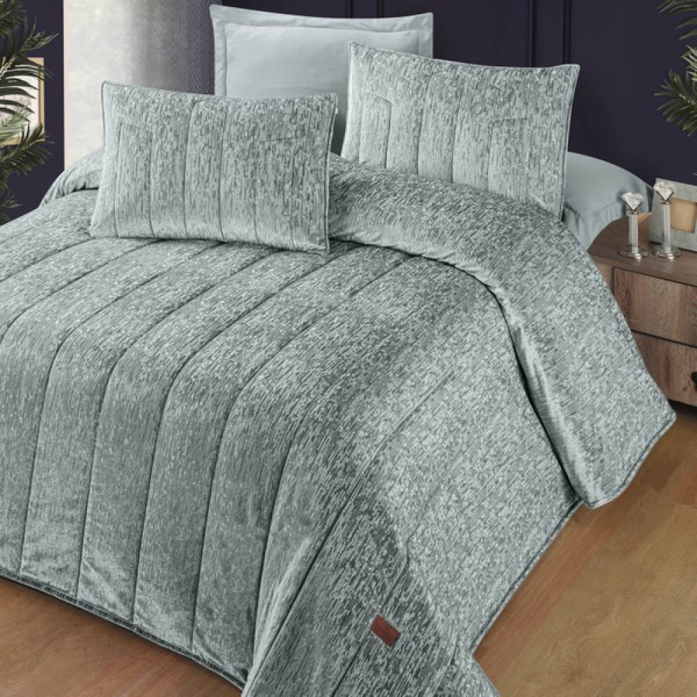 Pasıonı - Velvet - Gerardo - Jakar Kadife Gümüş Gri Çift Kişilik Yatak Örtüsü Takımı - 260 x 270 cm Yatak Örtüsü Fiyatı