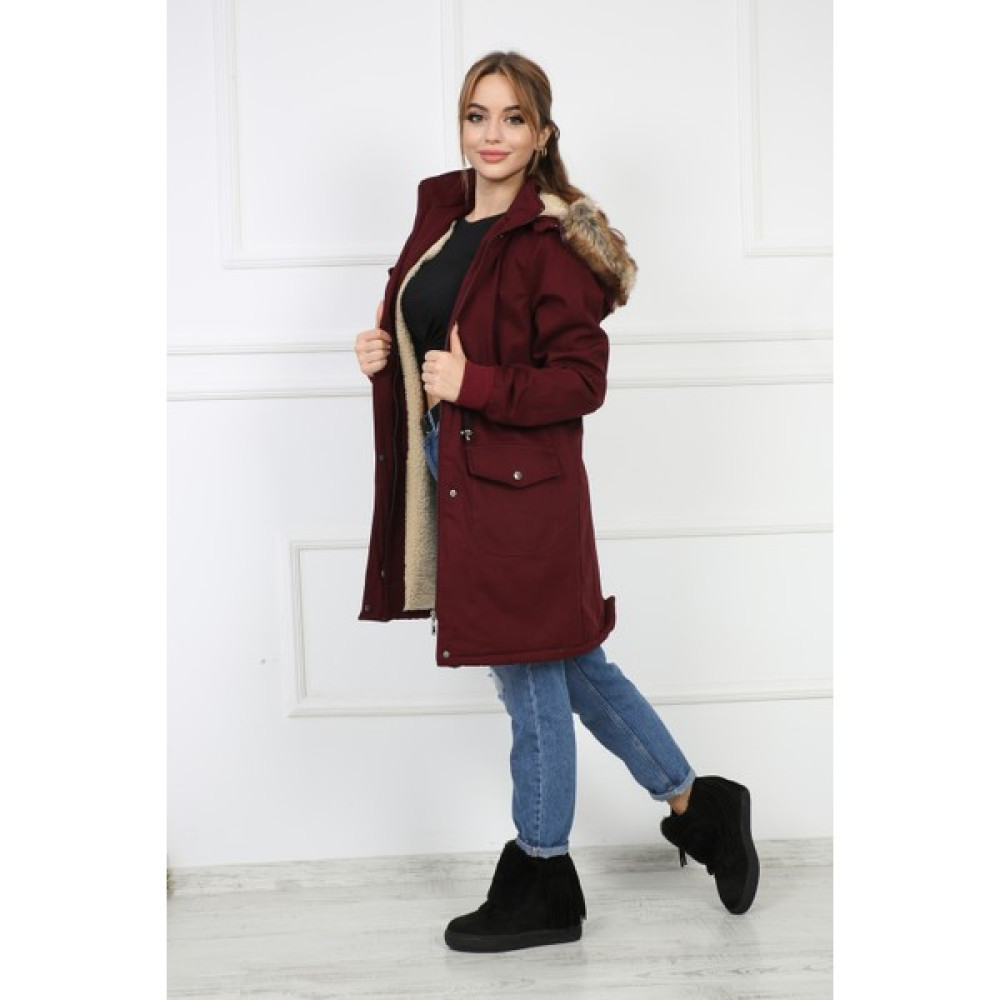Passion Bordo Kadın Peluşu Çıkarılabilir Gabardin Kumaş Kaban Mont Bayan Mont Fiyatı