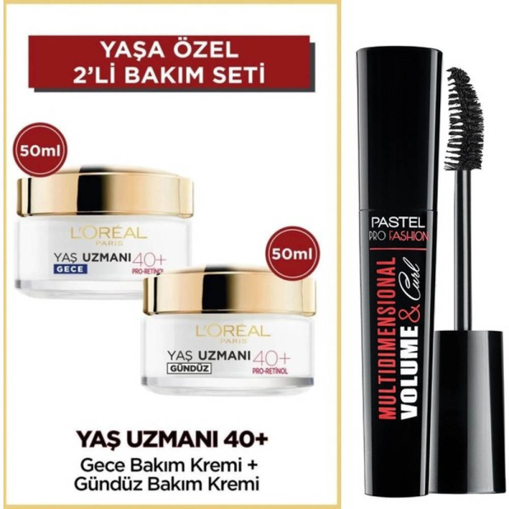 Pastel Multidimensional Volume & Curl Maskara + L'oreal Paris Yaş Uzmanı 40+ Kırışık Karşıtı Gündüz & Gece Krem Anti-Aging / Yaşlanma Karşıtı Fiyatı