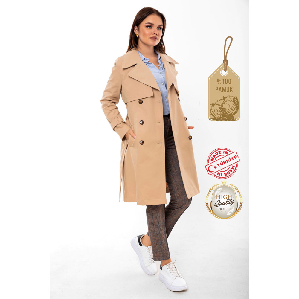 PASTELASTORE %100 Pamuk Gabardin Midi (95CM) Astarlı Kemerli Kadın Trençkot XXL Beden Kadın Trençkot Fiyatı