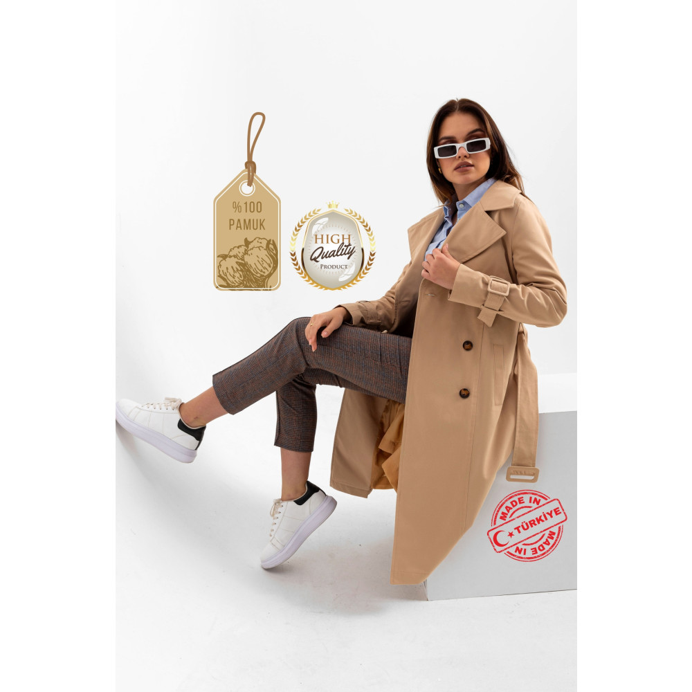PASTELASTORE %100 Pamuk Gabardin Uzun (110CM) Astarlı Kemerli Kadın Trençkot S Beden Kadın Trençkot Fiyatı