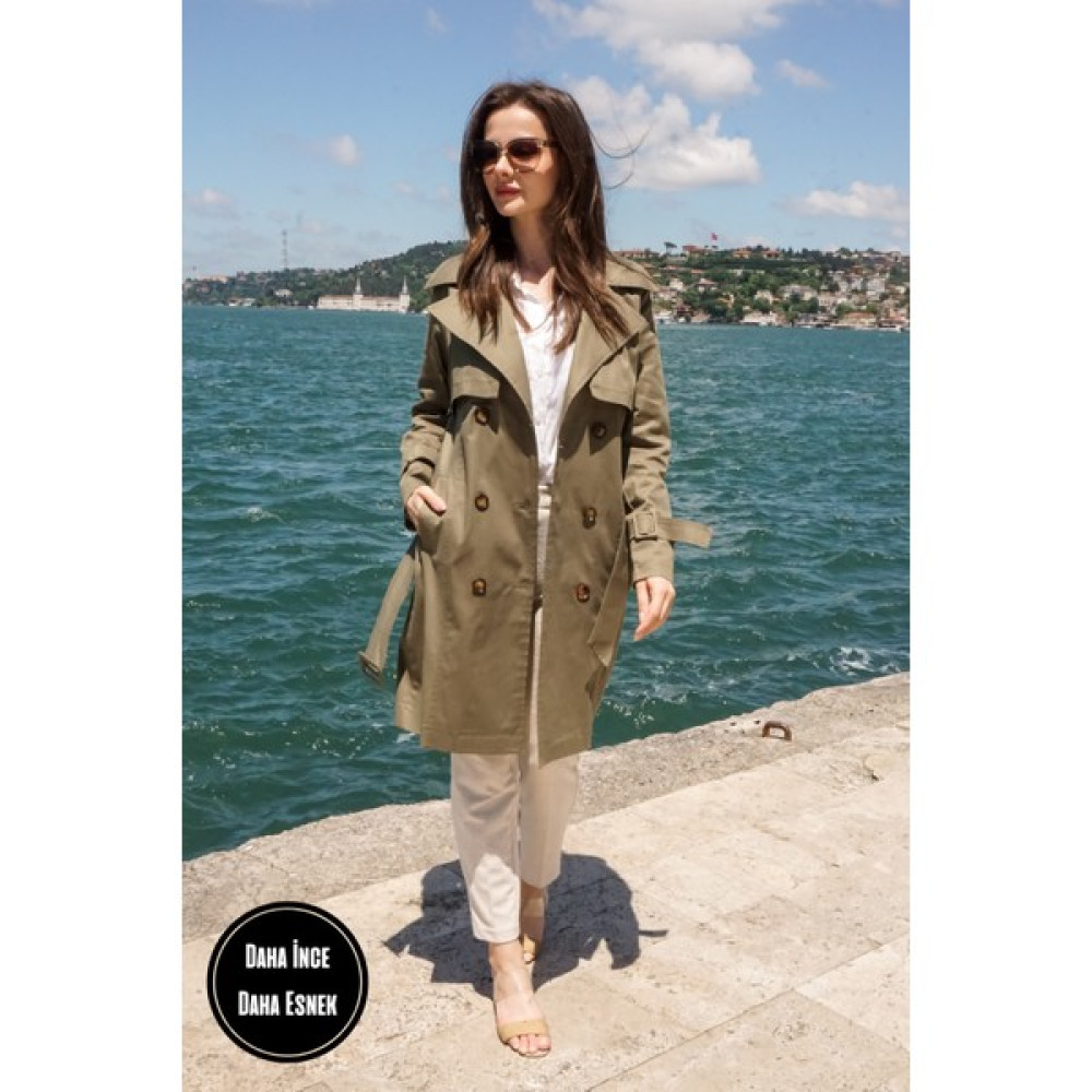 Pastelastore Esnek Pamuk Gabardin Midi (95CM) Astarsız Kadın Trençkot 1118 Kadın Trençkot Fiyatı