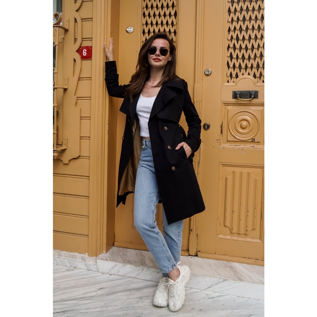 Pastelastore Kadın Midi Trençkot Siyah Pamuk Gabardin Klasik Tasarım 1113 Kadın Trençkot Fiyatı