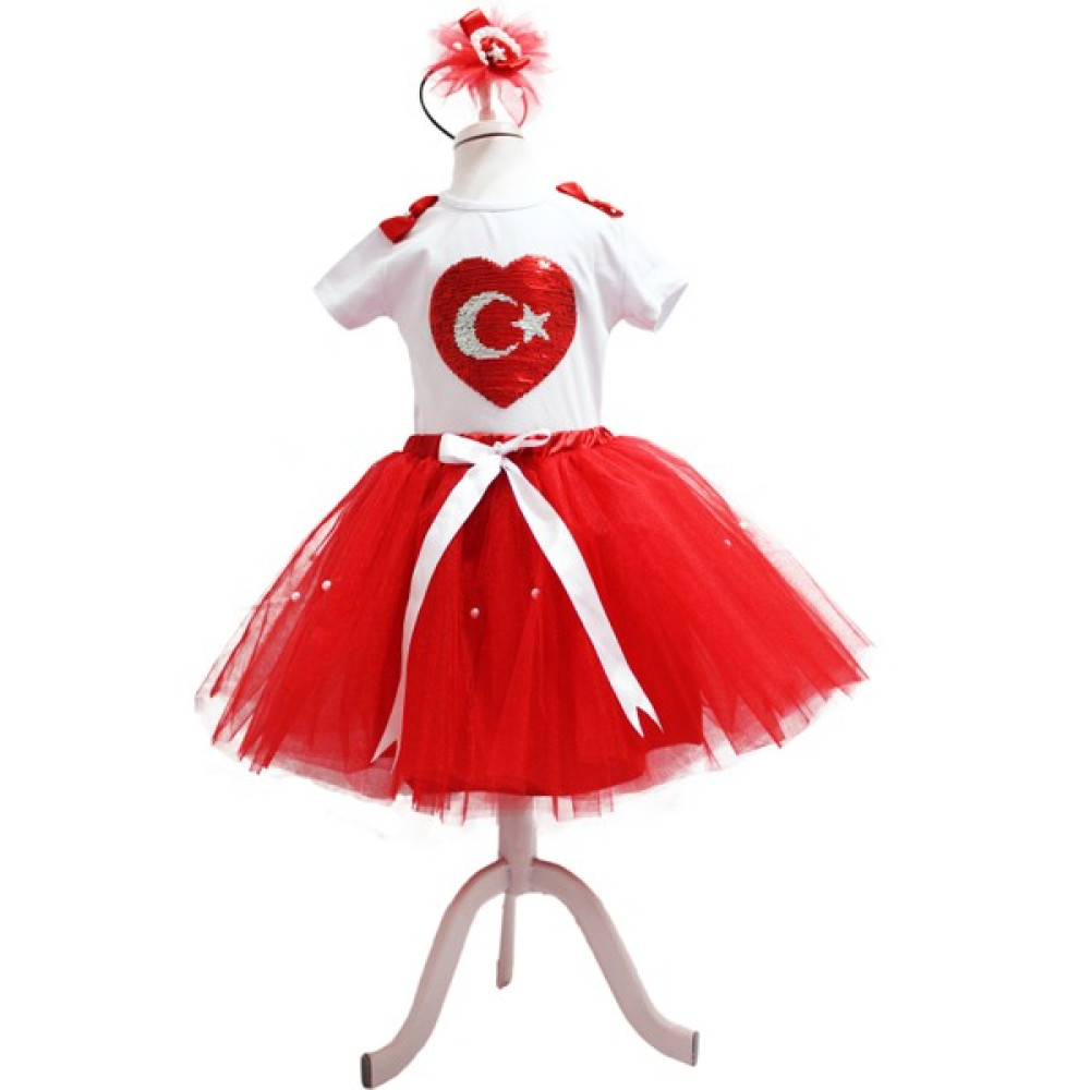 Pastelsnz Türk Bayrağı Kalpli Payetli Kırmızı Kız Çocuk Tütü Takım - 23 Nisan Kostüm Kız Çocuk Elbise Fiyatı