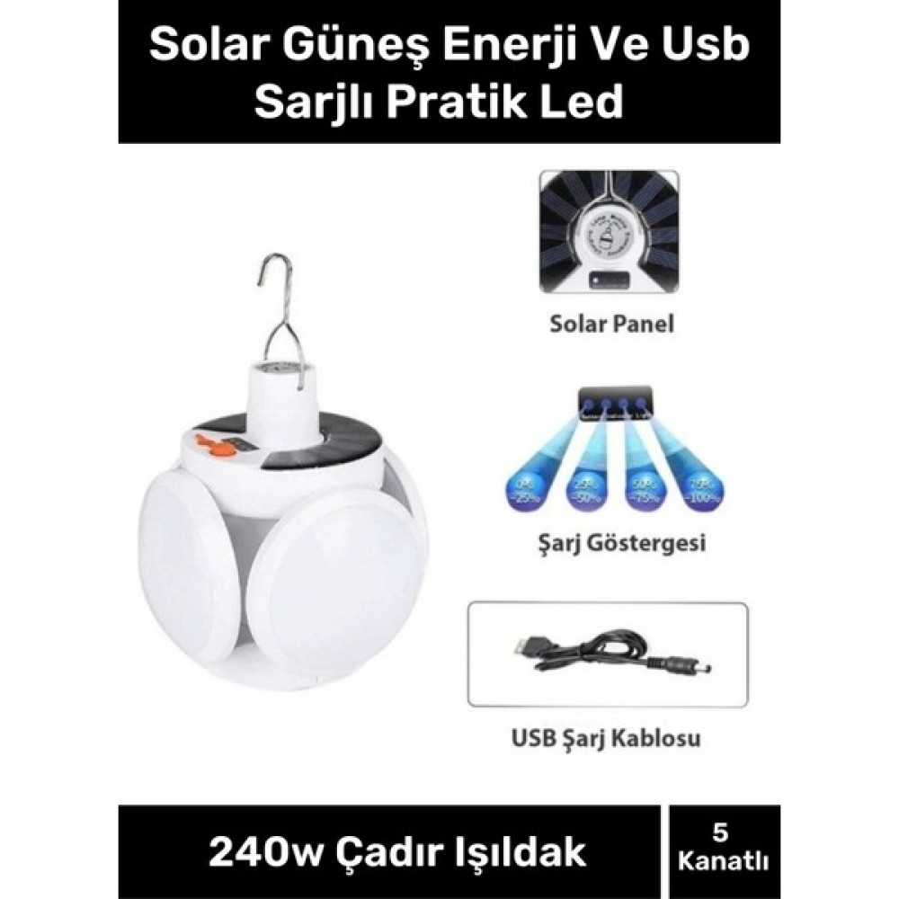 Pastimore Solar Güneş Enerji ve USB Sarjlı 5 Kanatlı Bahçe Aydınlatma LED Askılı Pratik Kamp Lamba Oto Boyaları Fiyatı