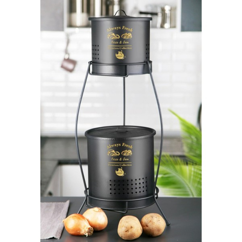 Patates Soğan Kovası - Sebzelik - Uygun Patates Soğanlık Sepeti 2 Katlı Metal - Siyah Saklama Kapları Fiyatı