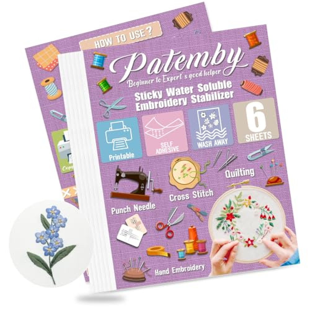 Patemby 6Pcs Sticky Water Soluble Embroidery Stabilizer 8.5"x11", Stick and Stitch Embroidery Paper Wash Away, Printable Embroidery Patterns Transfer Paper for Hand & Machine Embroidery Supplies
