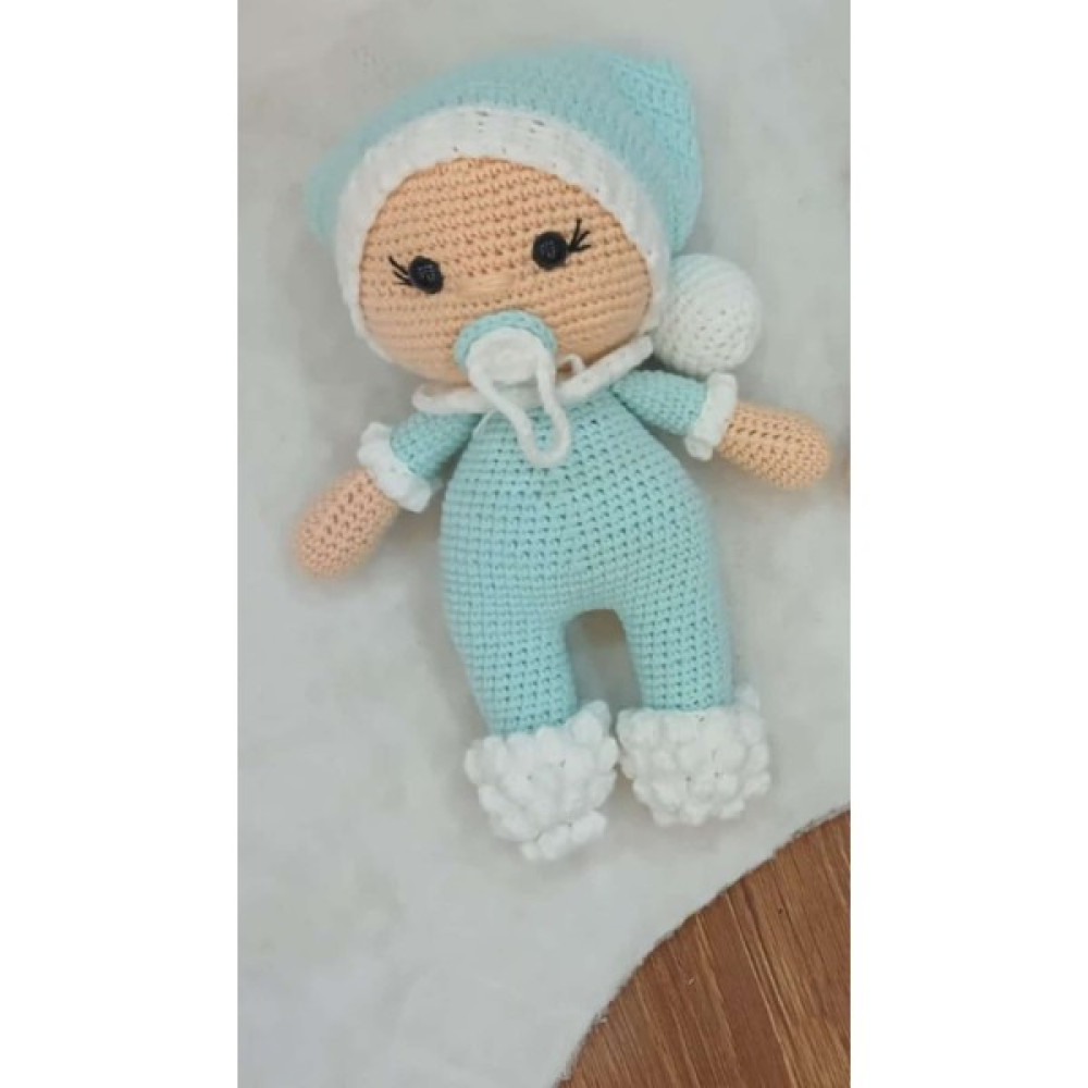 Patron Amigurumi Organik Kız / Erkek Çocuk Emzikli ve Şapkalı Bebek - Turkuaz Bebek Oyuncakları Fiyatı