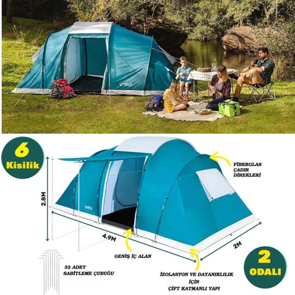 Pavillo Kamp Çadırı 6 Kişilik Aile Çadırı 2 Odalı Verandalı Taşıma Çantalı HB049 Çadır Fiyatı