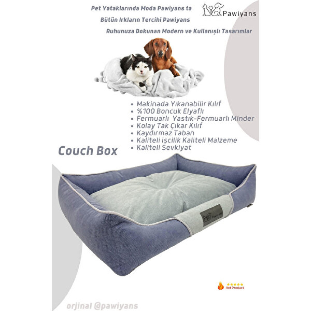 Pawiyans Couch Box Kedi Köpek Yatağı Yıkanabilir Fermuarlı Astarlı Elyaf Dolgu - M - Mavi Evcil Hayvan Ürünleri Fiyatı