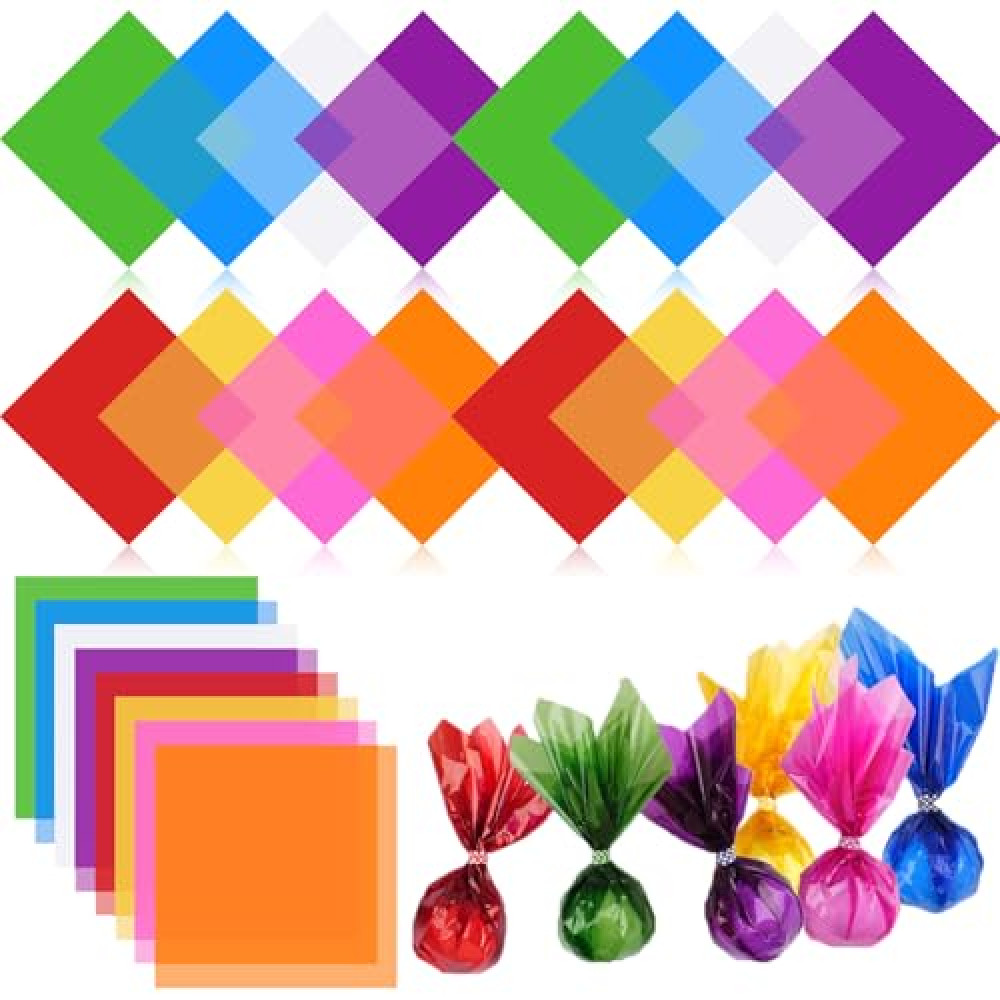 PEASUG 120 PCS Cellophane Sheets, Cello Sheets, Cellophane Paper Sheets, Colored Cellophane Wrap, Transparent Plastic Sheets for DIY Crafts Project, Art, Lights, Window Decoration（7.5x7.5 Inches)