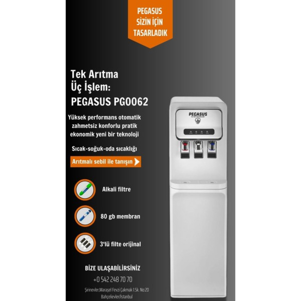 Pegasus Arıtma Pg-62 Arıtmalı Uzun Sebil Sıcak-Soğuk-Oda Sıcaklığ Su Sebilleri Fiyatı