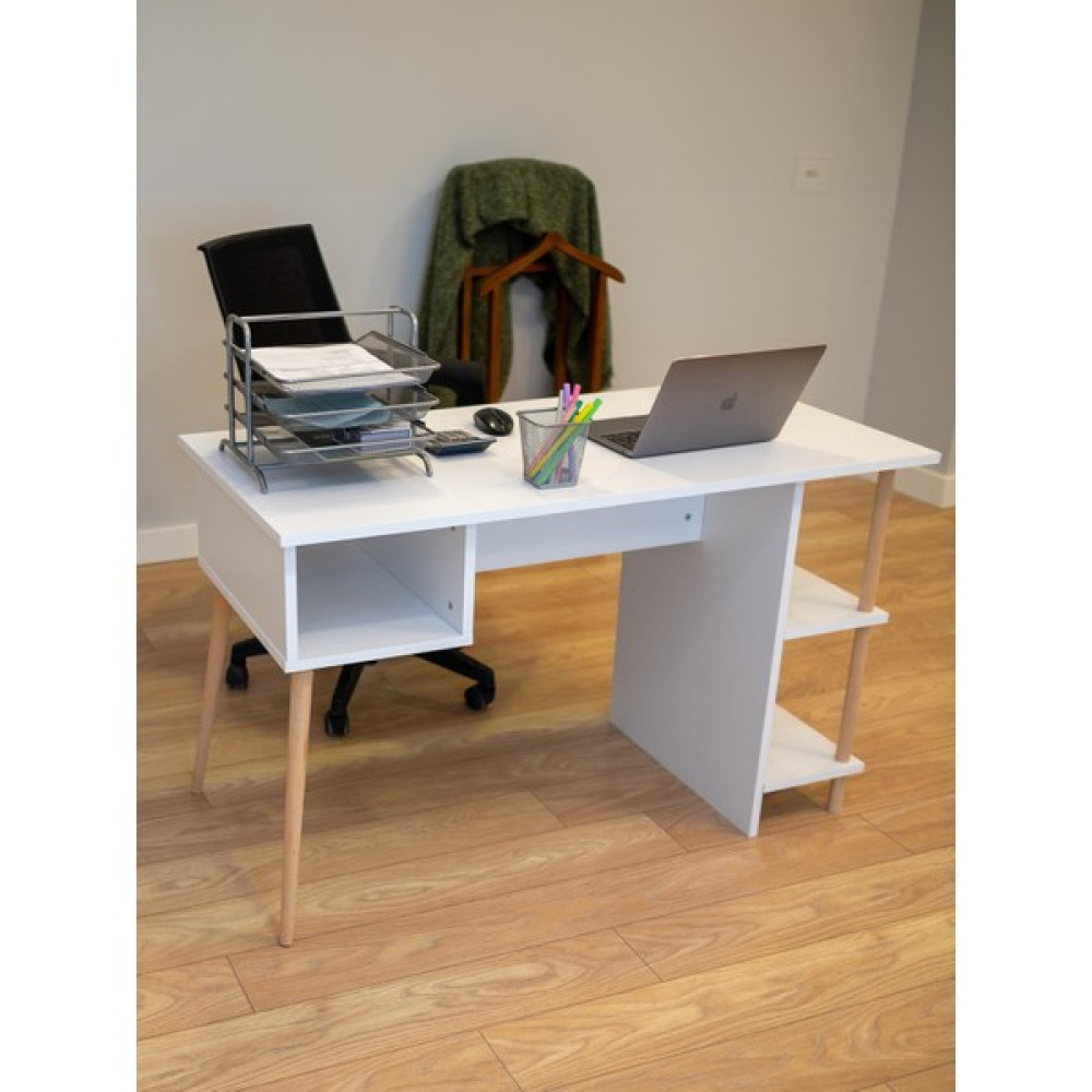 Peka Çalışma Masası 3 Raflı Ahşap Ayaklı Dekoratif Modern Bilgisayar Ofis Masası -60*120-Beyaz - Beyaz Ofis Çalışma Masası Fiyatı