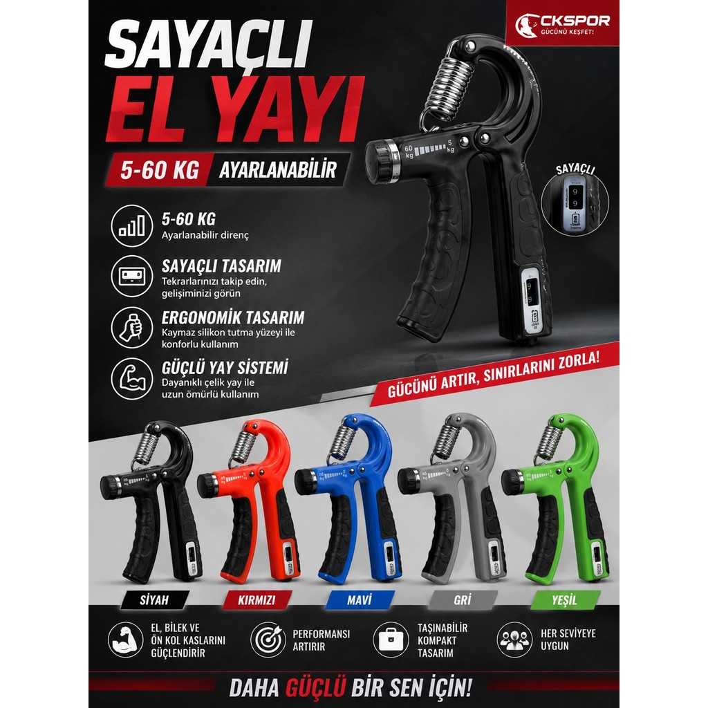 Pekial Sertlik Ayarlanabilir (5-60) kg Sayaçlı El ve Bilek Fitness Egzersiz Aleti Kondisyon Aletleri Fiyatı