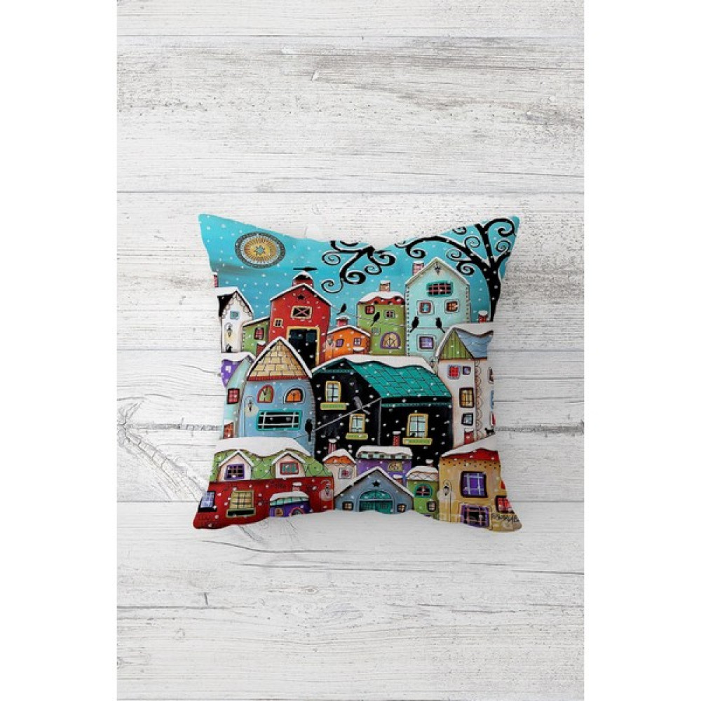 Pelangi Kış Evi Desenli Çift Tarafı Baskılı Gizli Fermuarlı Yastık Kılıfı Kırlent Koltuk Yastık Kılıfı - 45 x 45 cm - Mavi Kırlent / Mobilya Yastığı Fiyatı