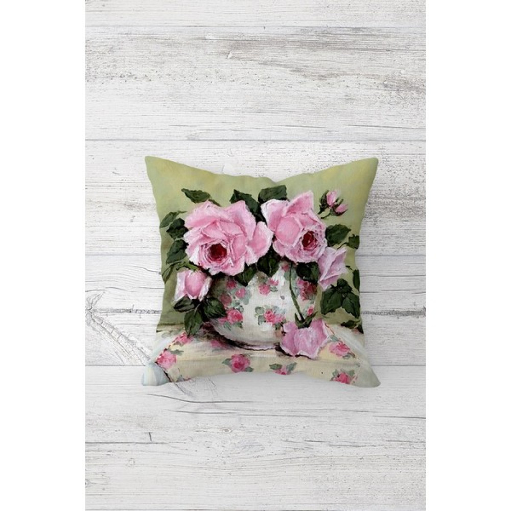 Pelangi Pembe Çiçek Desenli Çift Tarafı Baskılı Gizli Fermuarlı Yastık Kılıfı Kırlent Koltuk Yastık Kılıfı - 45 x 45 cm - Renkli Kırlent / Mobilya Yastığı Fiyatı