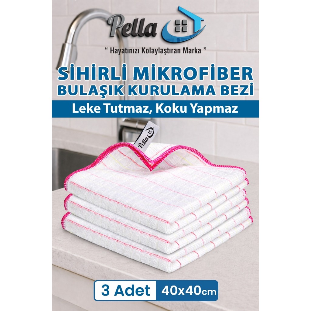 Pella 3 Adet Mikrofiber Bulaşık Kurulama Bezi 40x40 cm Leke Tutmaz ve Koku Yapmaz Özellikte Diğer Fiyatı