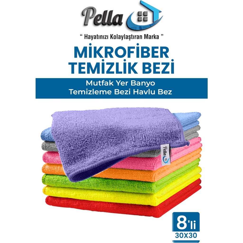 Pella 8'li Çok Amaçlı Genel Temizlik Bezi, Mikrofiber Havlu Bez 30x30 cm El / Yüz Havlusu Fiyatı