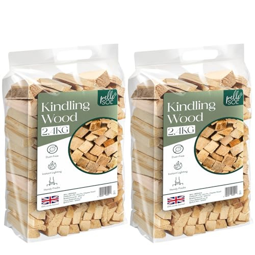 Pelle & Sol Kindling Wood 2 Pack x 2.4 Kg (4.8 Kg Total) – Kiln-Dried Fire Wood, Smokeless Fire Logs, Long-Burning Heat Logs for Wood Burner, BBQ & Pizza Oven