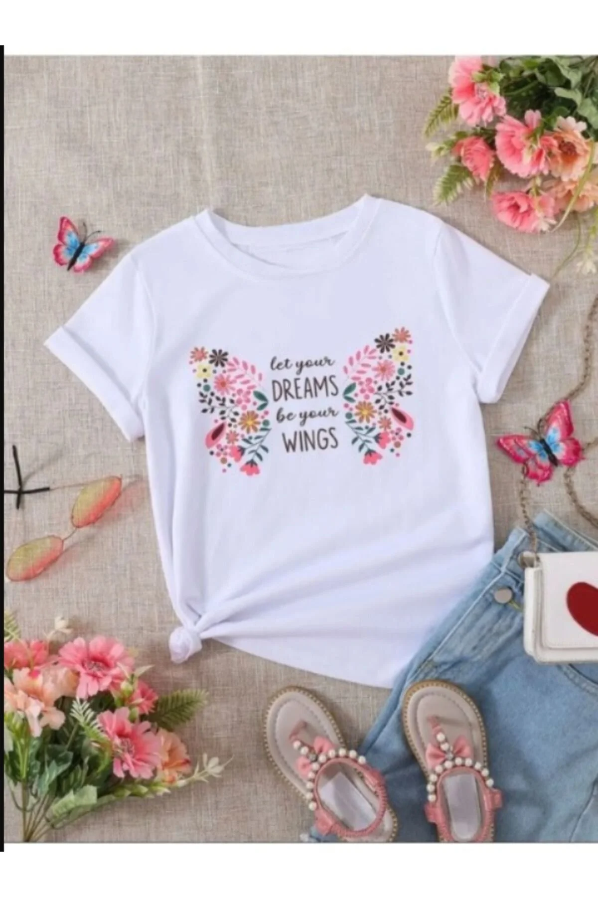 Pelna Çocuk Trend Model Beyaz T Shirt Çicek Baskılı Pamuklu 5-6 Yaş Beden" Bayan T-shirt Fiyatı