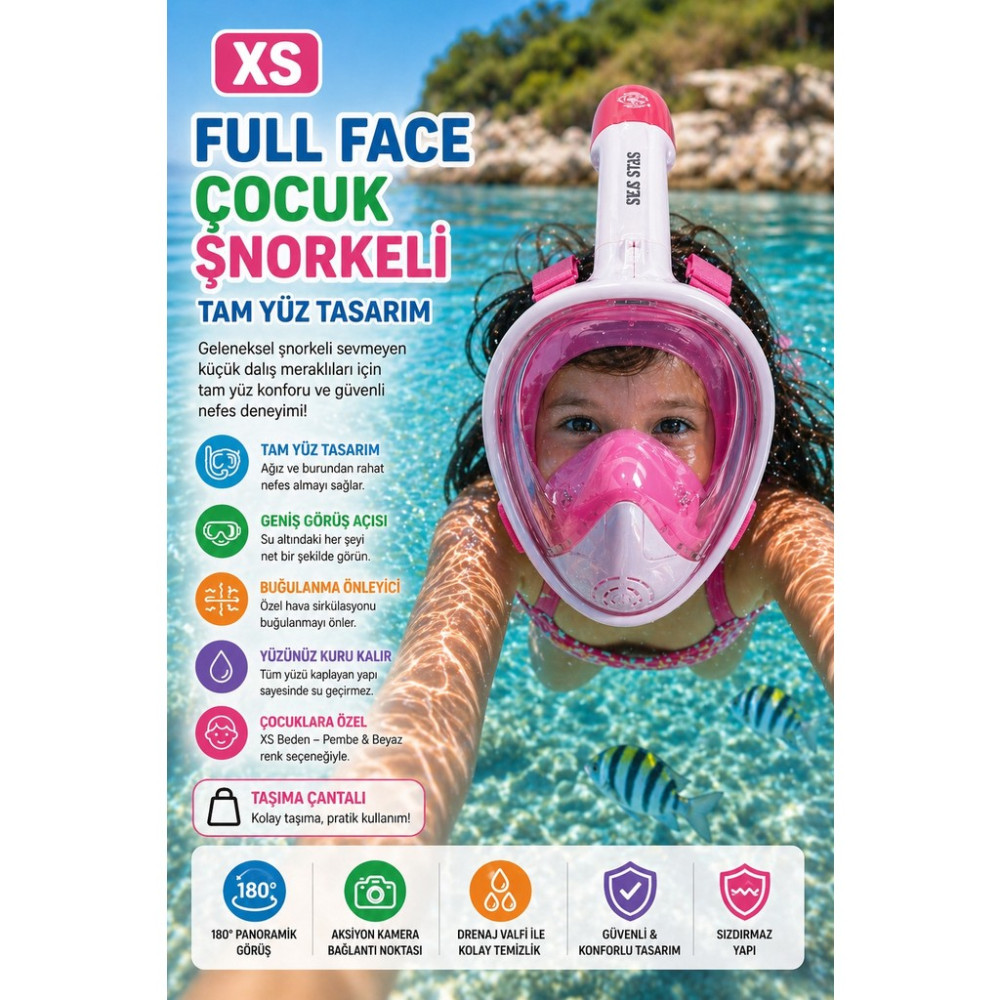 Pembe Beyaz Çocuk Full Face Şnorkel Maske Xs Tam Yüz Dalış Maskesi Taşıma Çantalı Seti 4-10 Yaş Diğer Fiyatı