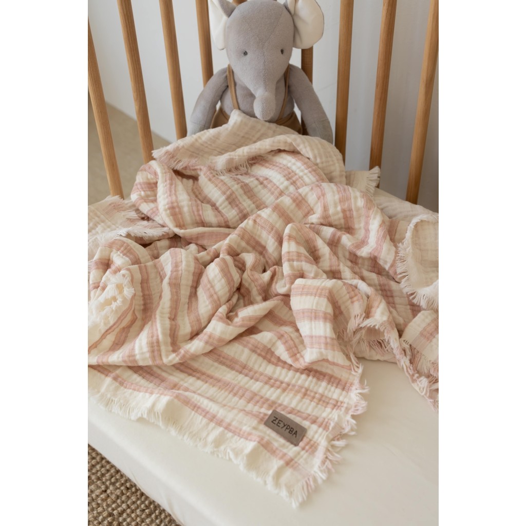 Pembe Çizgili 4kat Müslin Battaniye Püsküllü 4 Katlı Müslin Bebek Battaniye 110X110CM - Pembe - Ekru Bebek Battaniyesi Fiyatı