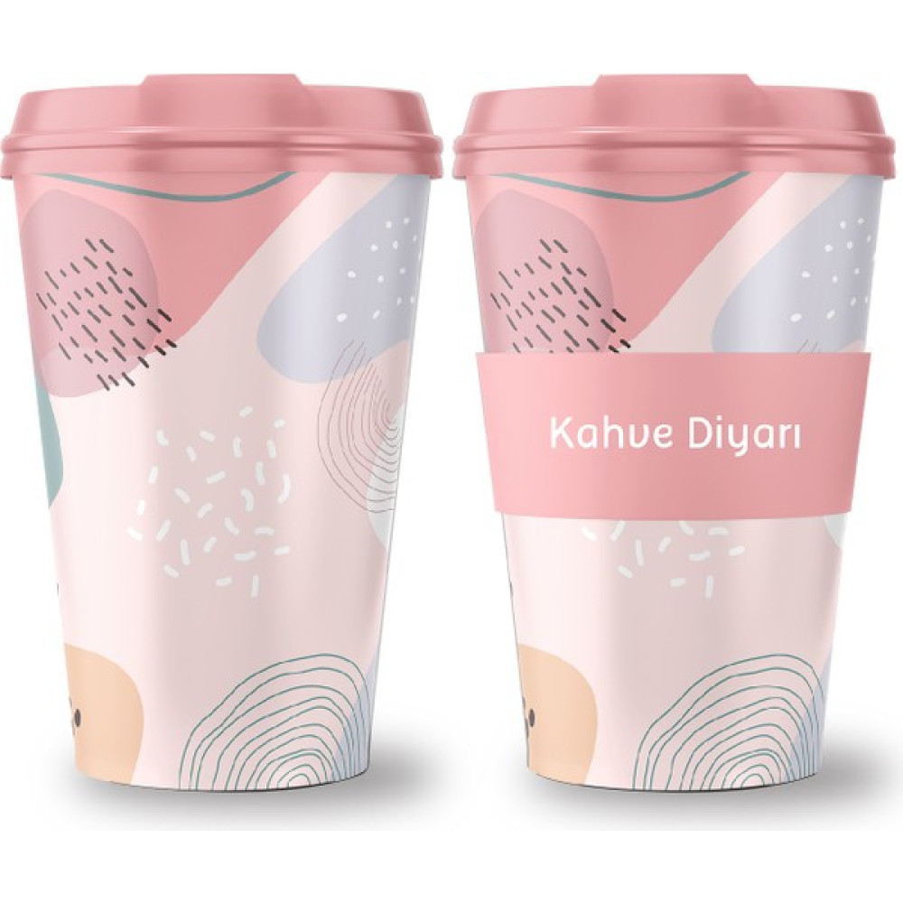Pembe Desenli Kahve Bardağı Silikon Kapaklı Coffee Cup Kahve Diyarı - 1 Adet - 300 ml Fincan / Bardak / Kahve Takımı Fiyatı