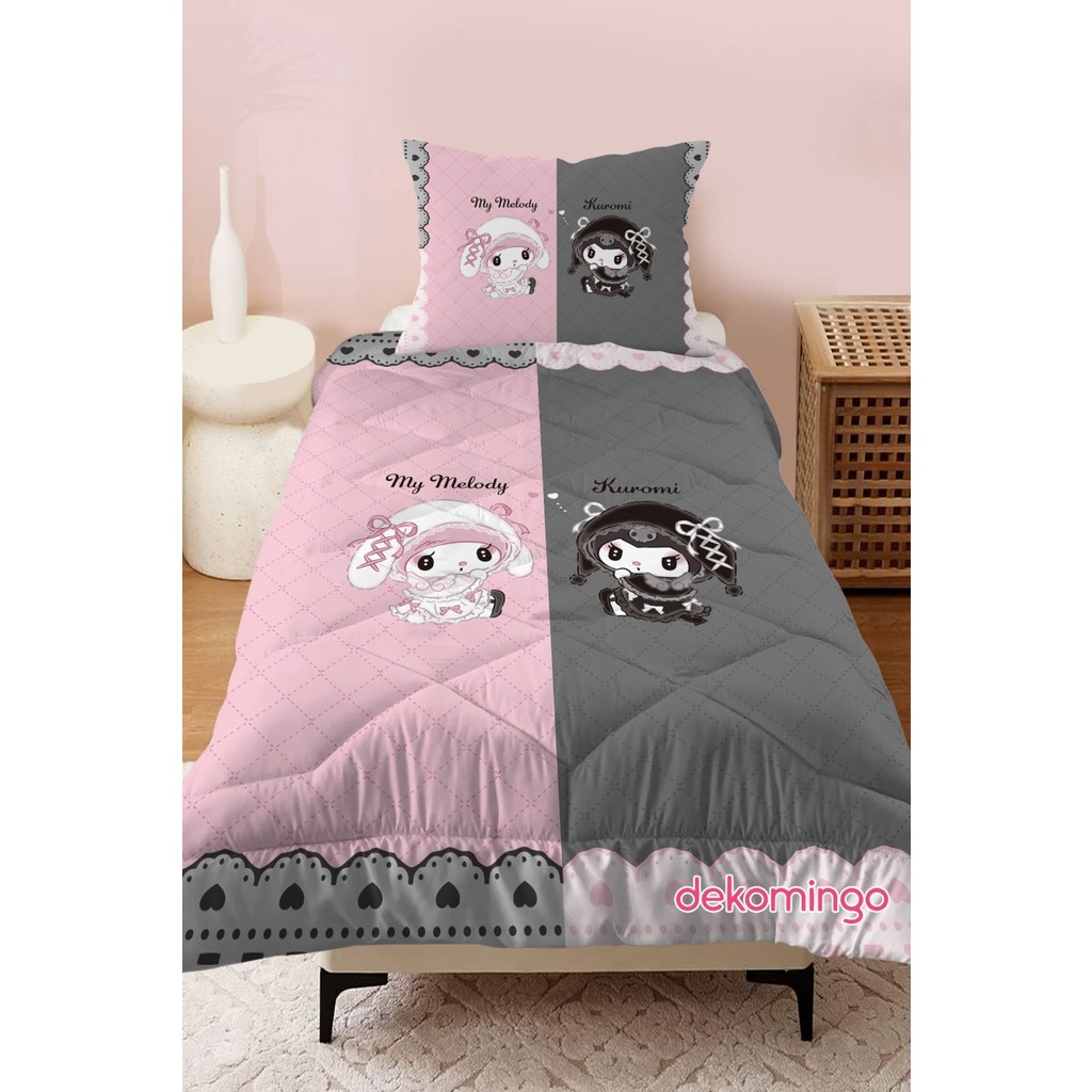 Pembe Gri Şeritli Kuromi ve Melody Yorgan Seti - 155 x 215 cm - Renkli Yorgan Fiyatı