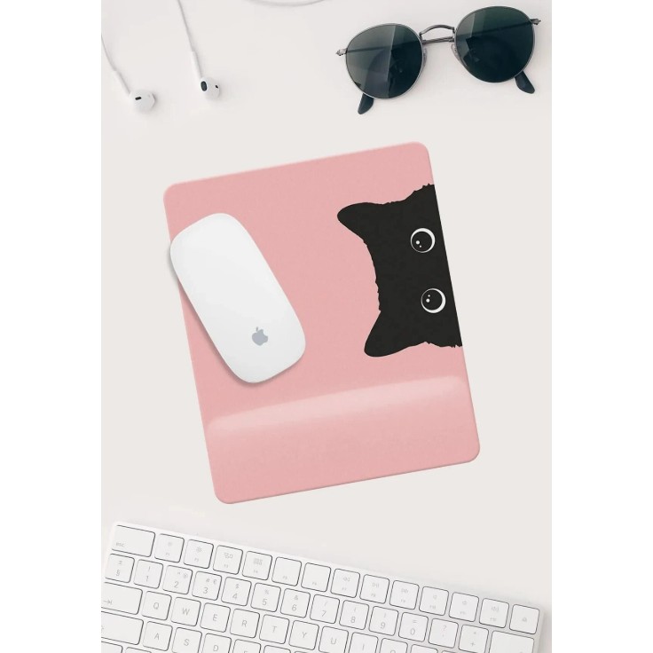 Pembe Kedi Çizimli Bilek Destekli Dikdörtgen Mouse Pad Mouse Altlığı. Mouse Pad Fiyatı