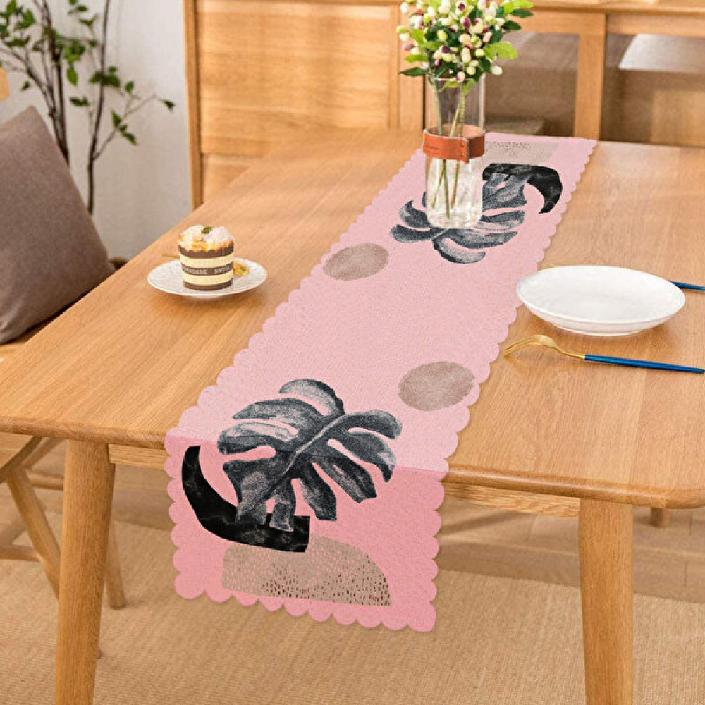 Pembe Zeminde Tropik Yaprak Desen Baskılı Özel Tasarım Runner - Renkli - 40 x 140 cm Masa Örtüsü Fiyatı
