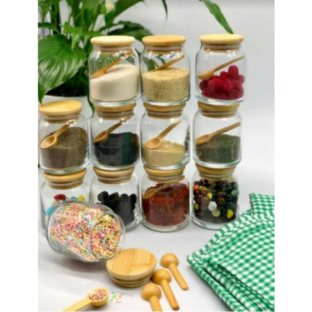 Pembeli 12'li Bambu Kapaklı Vakumlu Cam 300 ml Baharatlık ve 12 Adet Mini Baharat Kaşığoı Baharat Setleri & Baharatlıklar Fiyatı