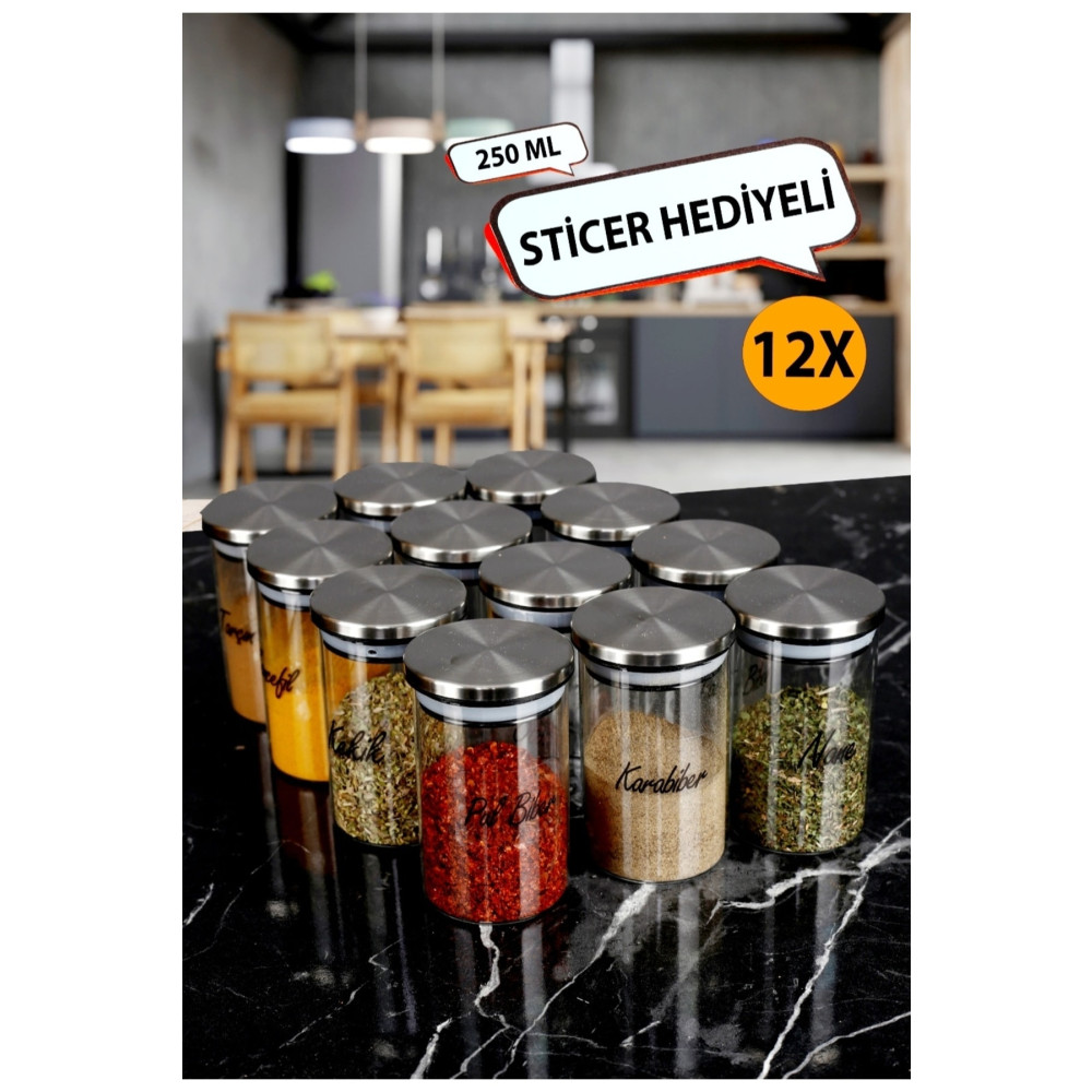 Pembelia Life 12li Etiketli 250 ml Metal Vakumlu Kapaklı Borosilikat Cam Baharatlık Saklama Kabı Seti Baharat Setleri & Baharatlıklar Fiyatı