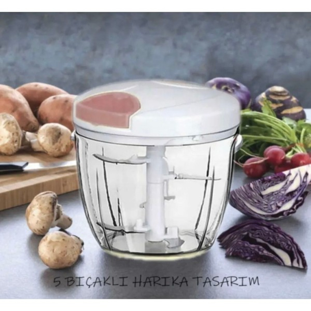 PEMBELİA LİFE 5 Bıçaklı Ipli El Rondosu Büyük Boy Sebze Doğrayıcı 1000ML Soğan Sebze Doğrayıcı - Beyaz Doğrayıcılar / Rondolar Fiyatı