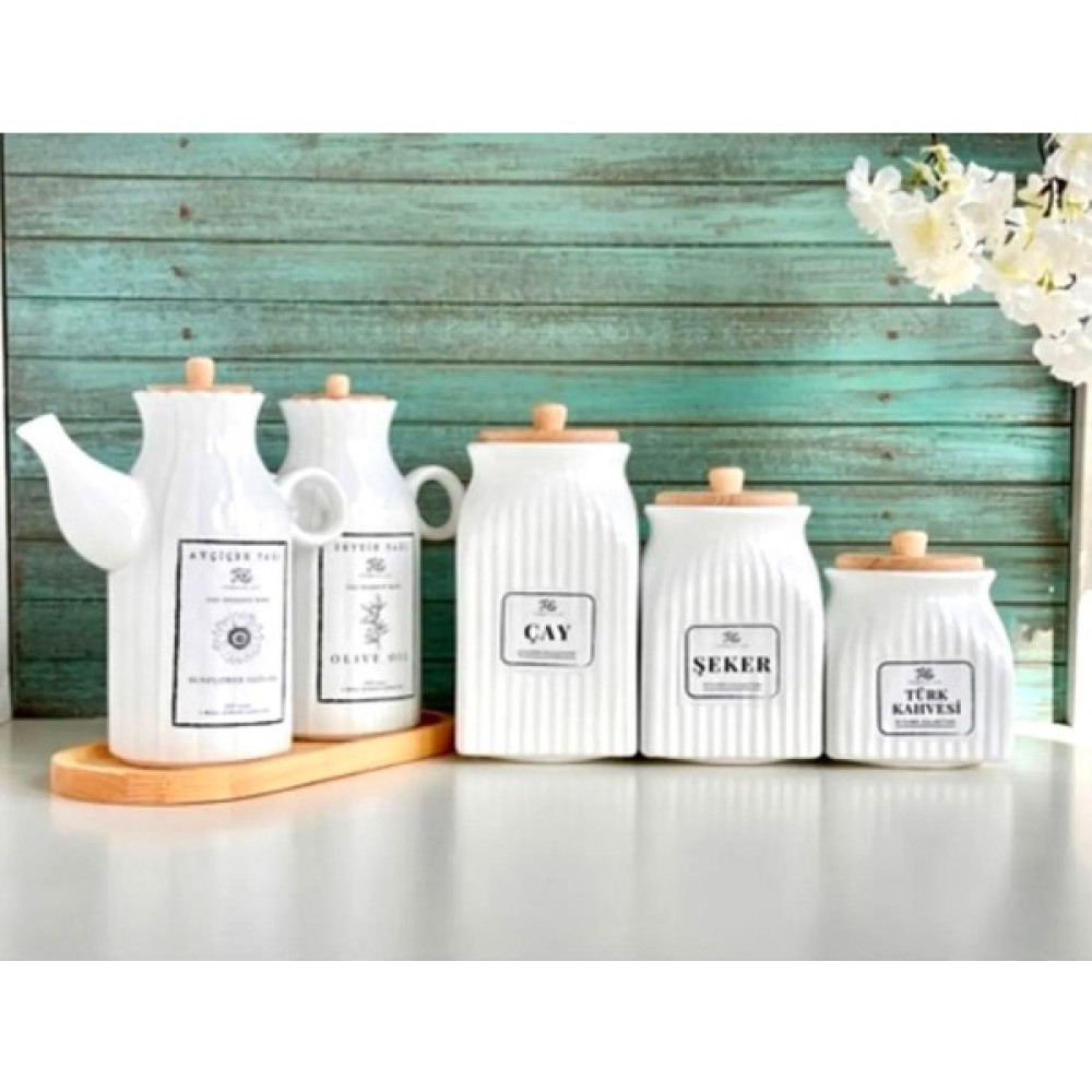 PEMBELİA LİFE 6 Parça Bambu Standlı Porselen 1000ML Yağdanlık ve 3'lu Çay Şeker Türk Kahve Kavanoz Seti Yağlık Set Mutfak Gereçleri Fiyatı
