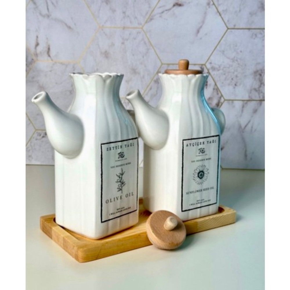 PEMBELİA LİFE Bambu Standlı 2'li Etiketli Kare Porselen 1000ML Yağdanlık Set Takım - Beyaz - 1 lt Mutfak Gereçleri Fiyatı