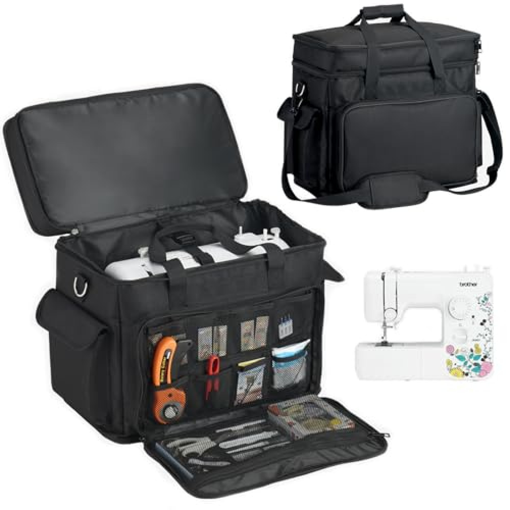 PENGDA 2 Layer Sewing Machine Case with Adjustable Shoulder Strap Sewing Machine Carrying Case Universal Tote Bag for Sewing Machine and Sewing Accessories Storage Black