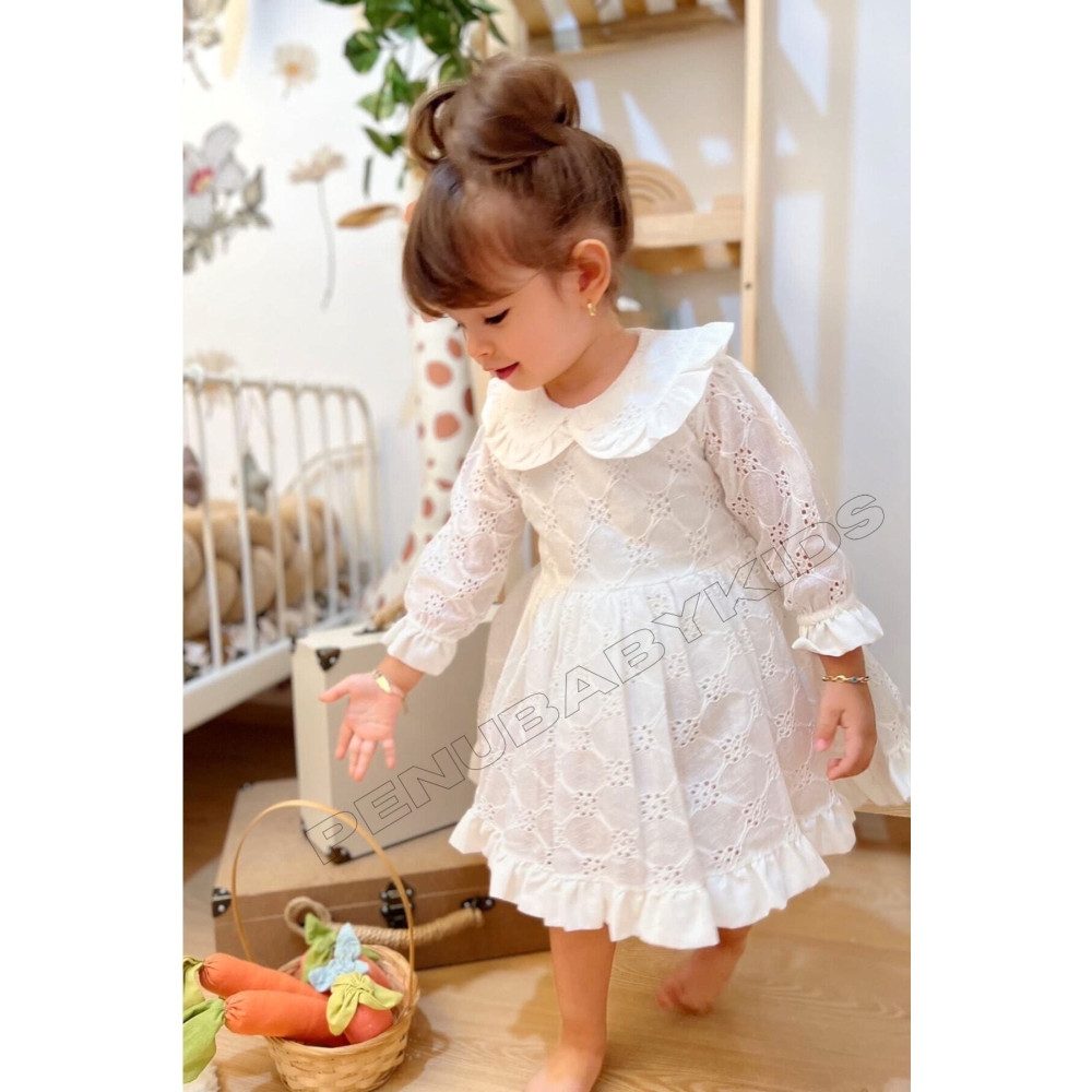penu baby kids Beyaz Bebe Yaka Uzun Kol Kız Bebek Elbise - Angel 3-4 Yaş Beden Elbise Fiyatı