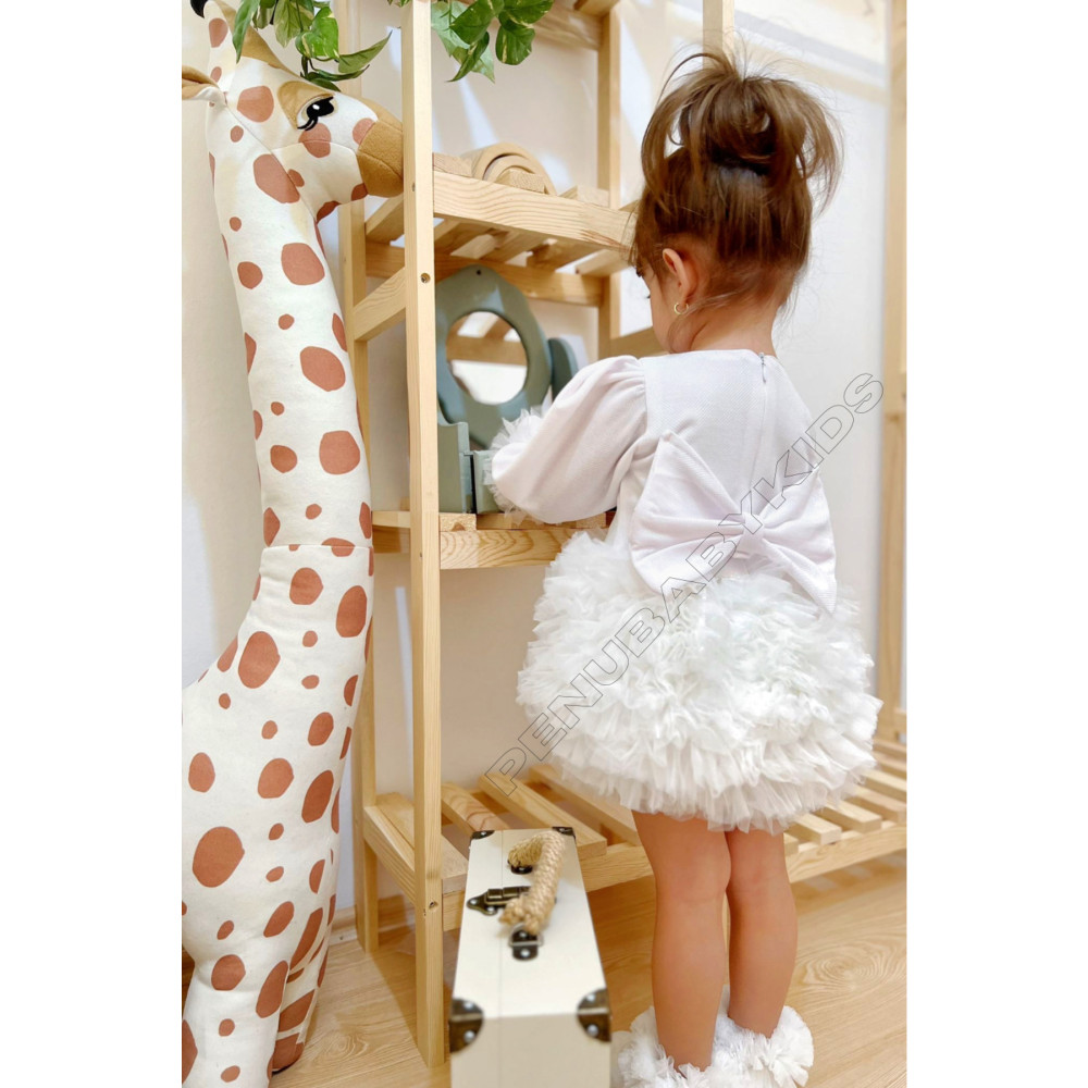 penu baby kids Beyaz Tütülü Uzun Kol Kız Bebek Elbise - Princess 24-36 Ay Beden Elbise Fiyatı