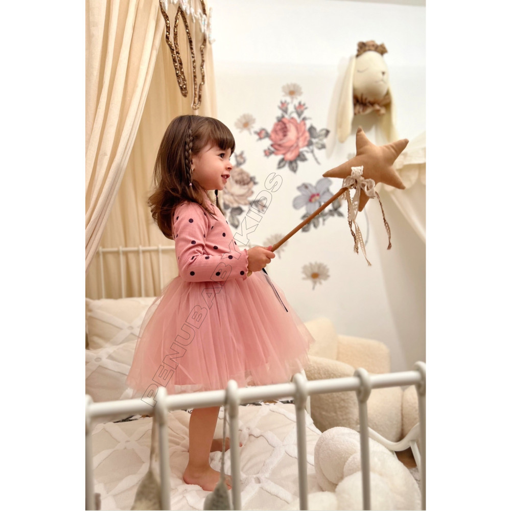 penu baby kids Gül Kurusu Puantiyeli Tütülü Uzun Kol Kız Bebek Elbise - Emily 1-2 Yaş Beden Elbise Fiyatı
