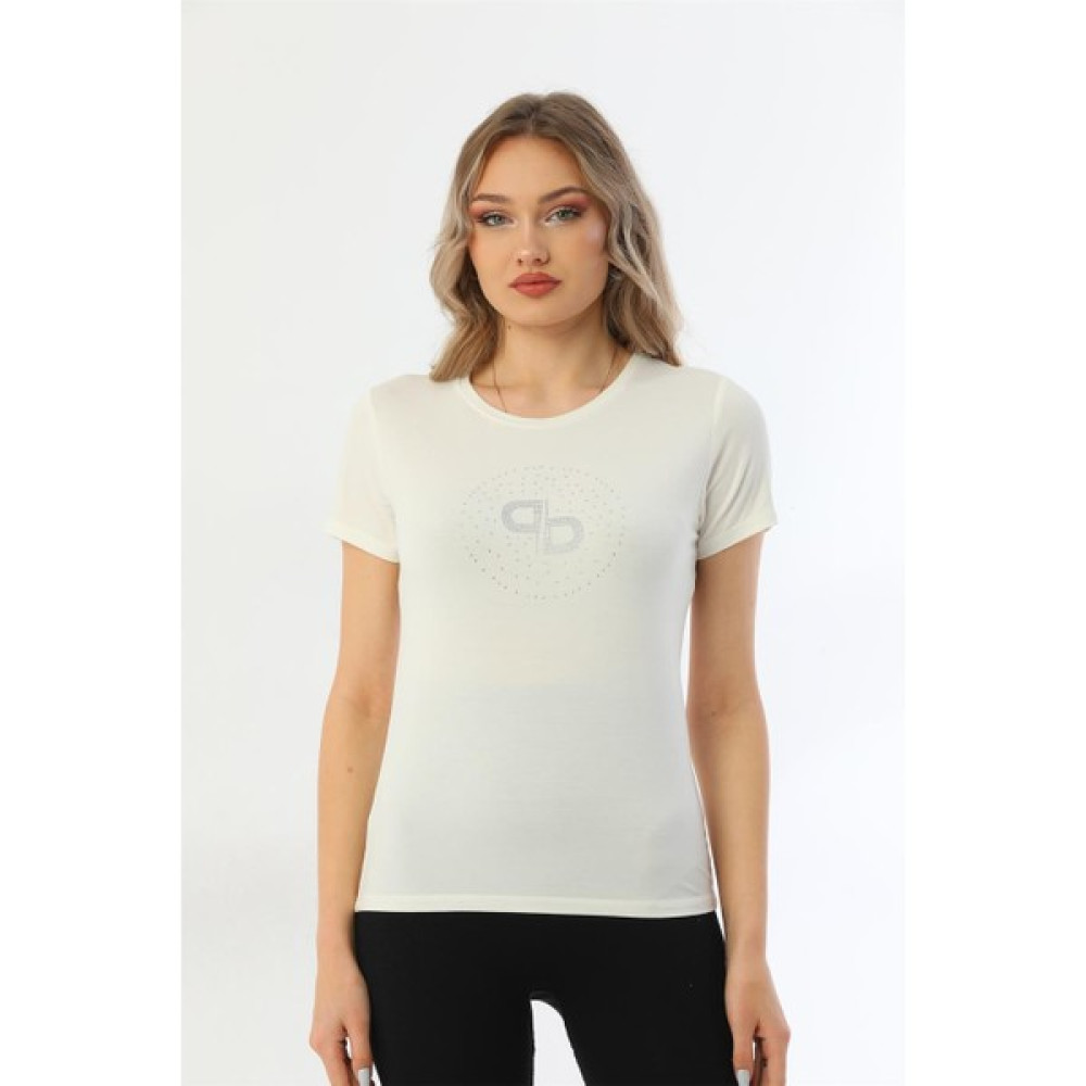 Penye Bizden Kadın Bisiklet Yaka Taş Detaylı Kısa Kollu Tişört-Krem Bayan T-shirt Fiyatı