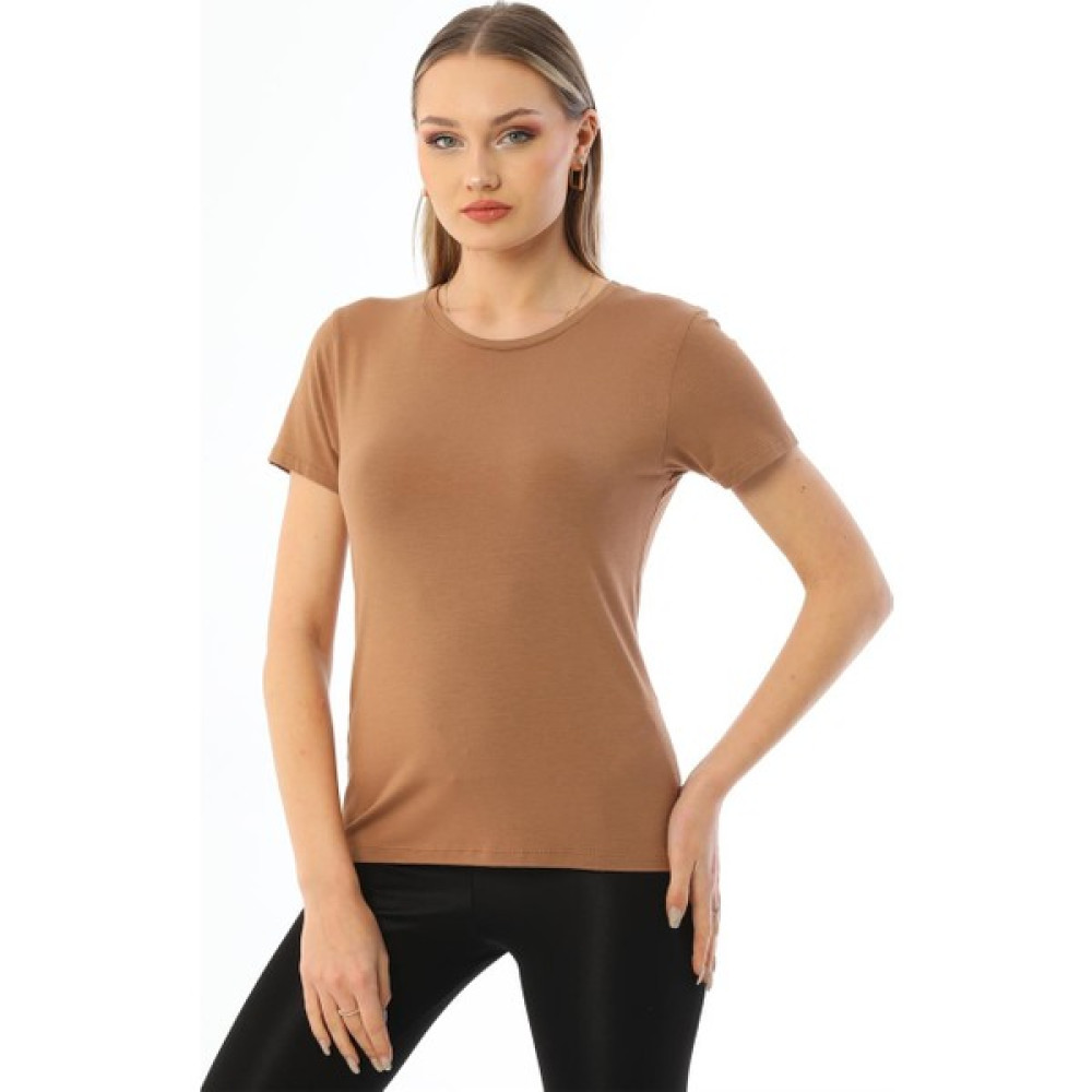 Penye Bizden Kadın Bisiklet Yaka Viskon Likra Kısa Kollu Tişört-Vizon Bayan T-shirt Fiyatı